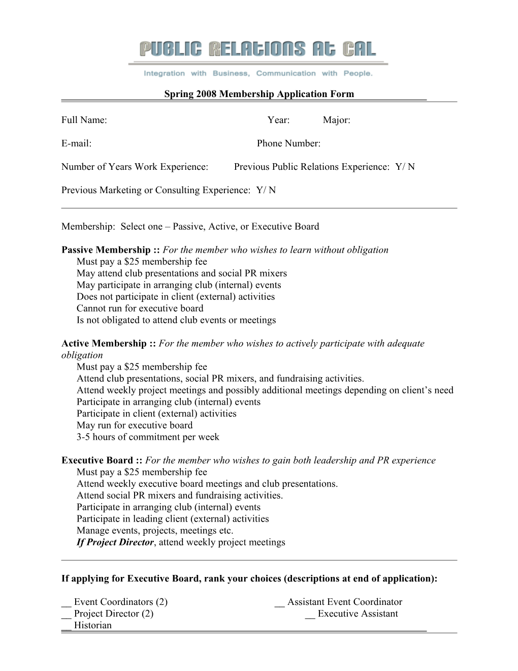Spring 2008 Membership Application Form