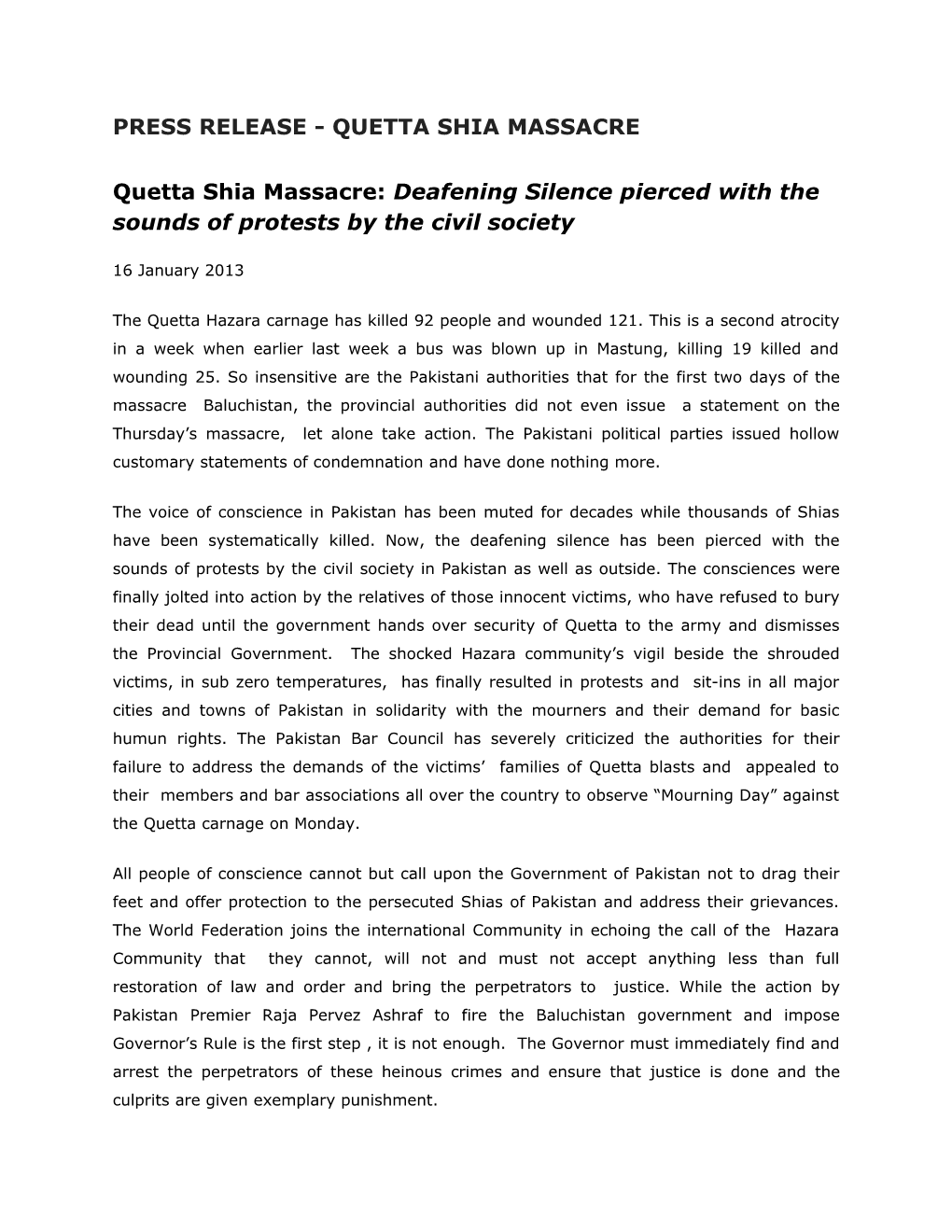 Press Release - Quetta Shia Massacre