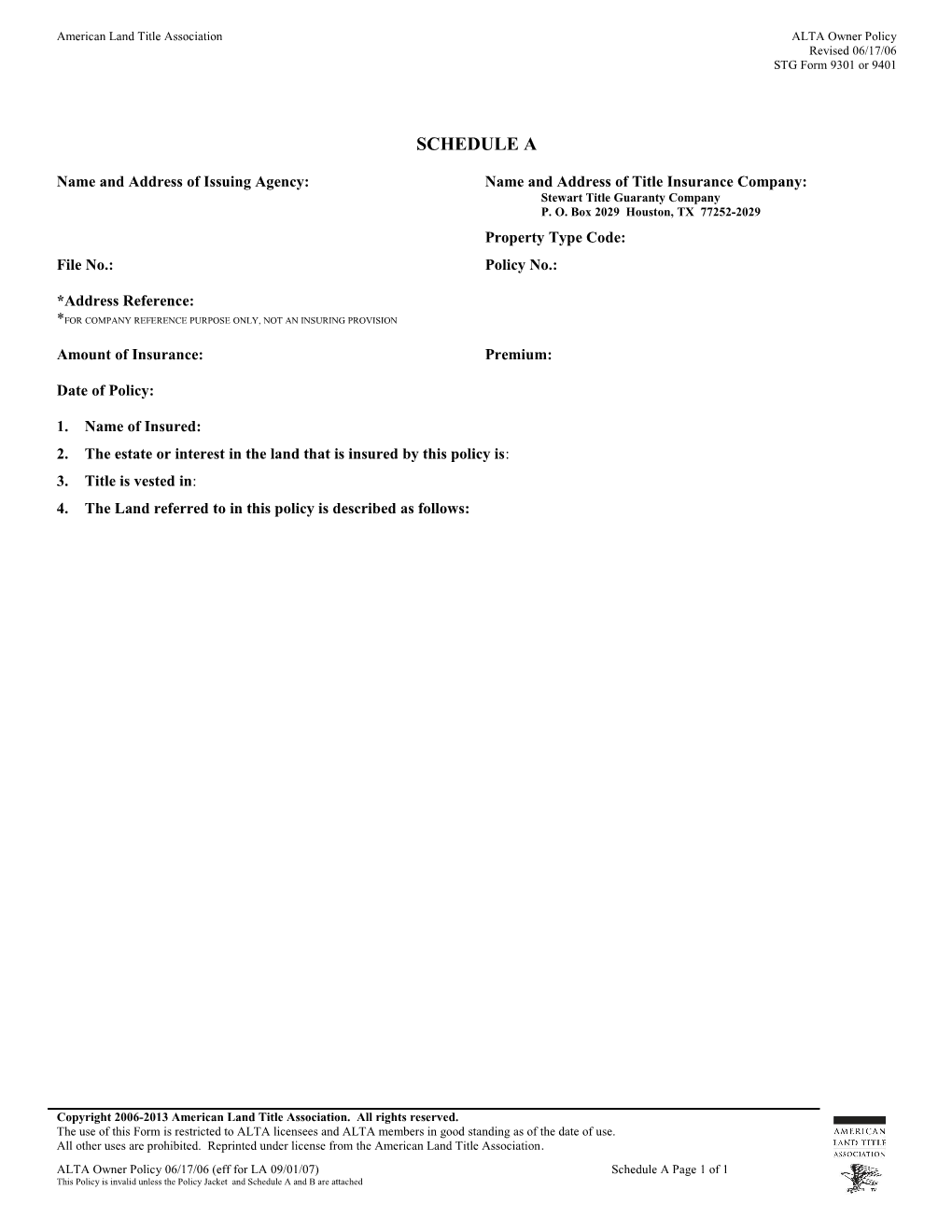 ALTA Owner Policy 06/17/06 (Eff for LA 09/01/07)Schedule a Page 1 of 1