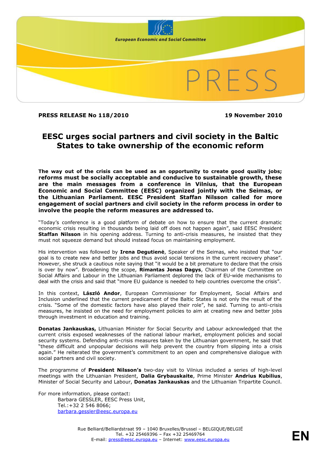 EESC Urges Social Partners and Civil Society in the Baltic States to Take Ownership Of
