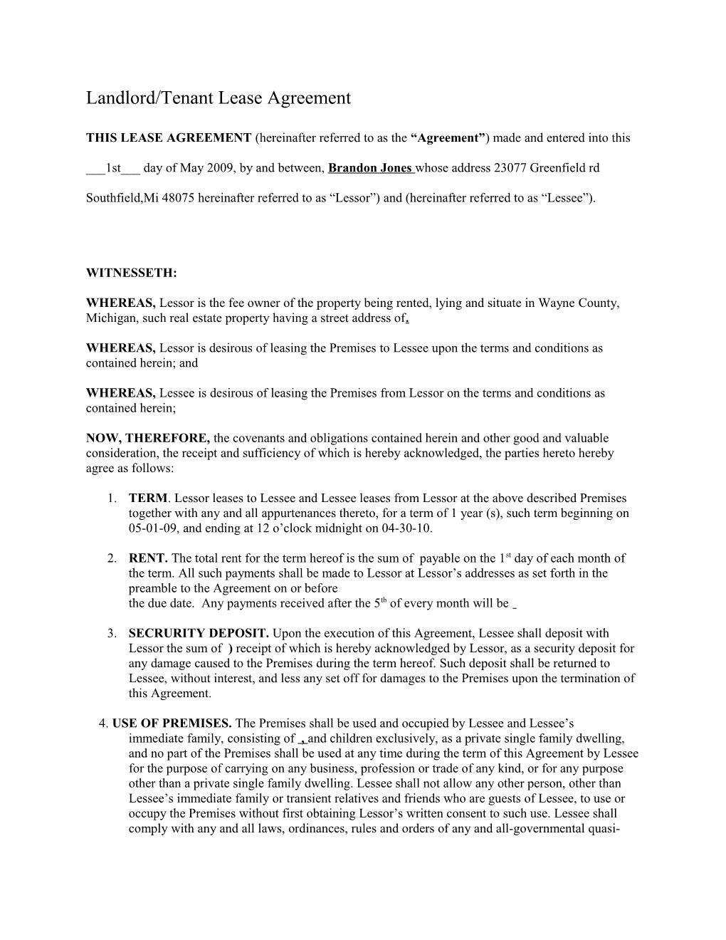 Landlord/Tenant Lease Agreement