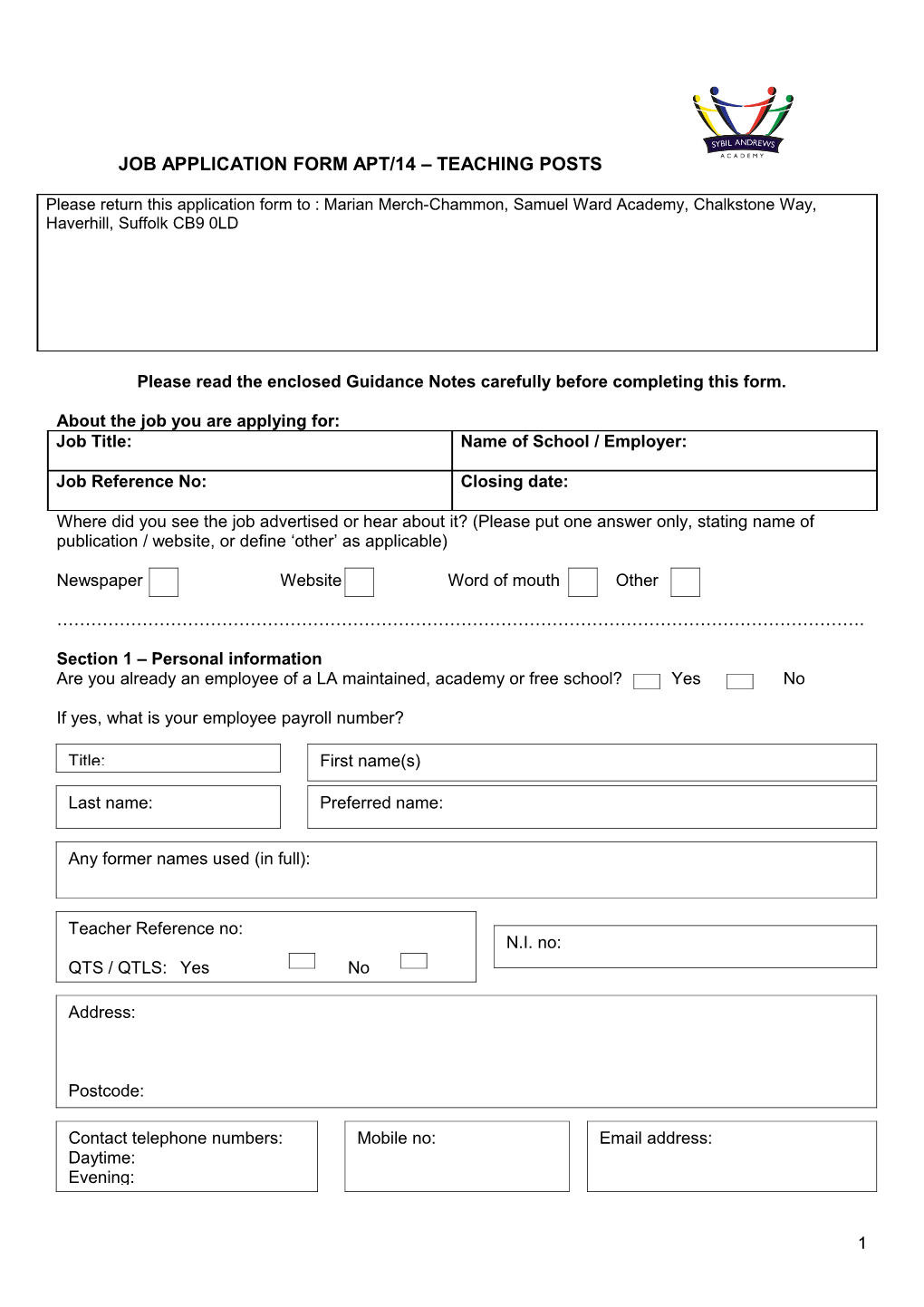 Job Application Form Apt/09 Teaching Posts