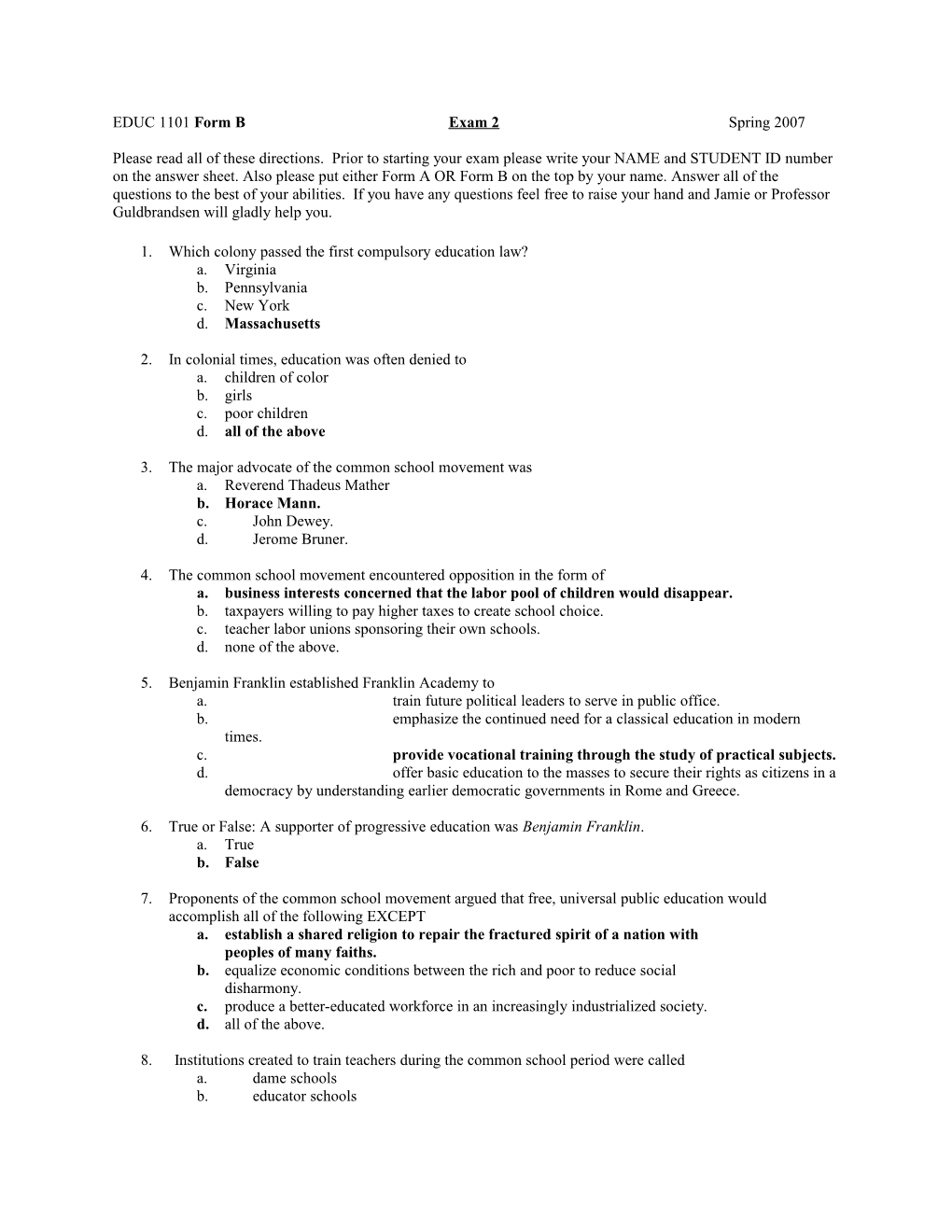 EDUC 1101Form Bexam 2Spring 2007