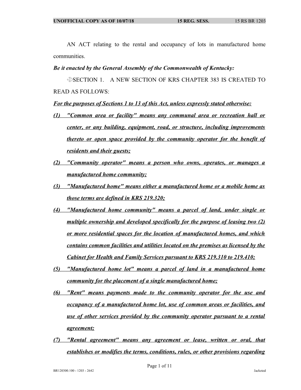 AN ACT Relating to the Rental and Occupancy of Lots in Manufactured Home Communities