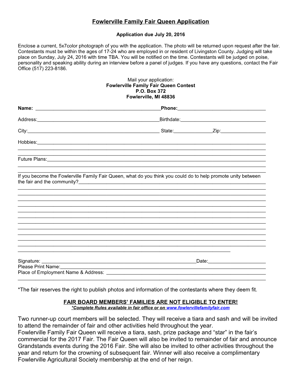 Fowlerville Family Fair Queen Application