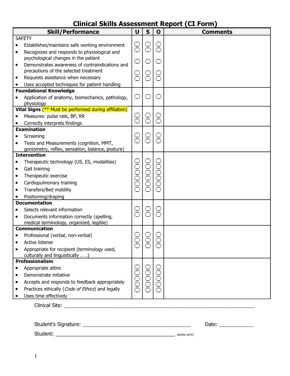 Clinical Skills Assessment Report (CI Form)