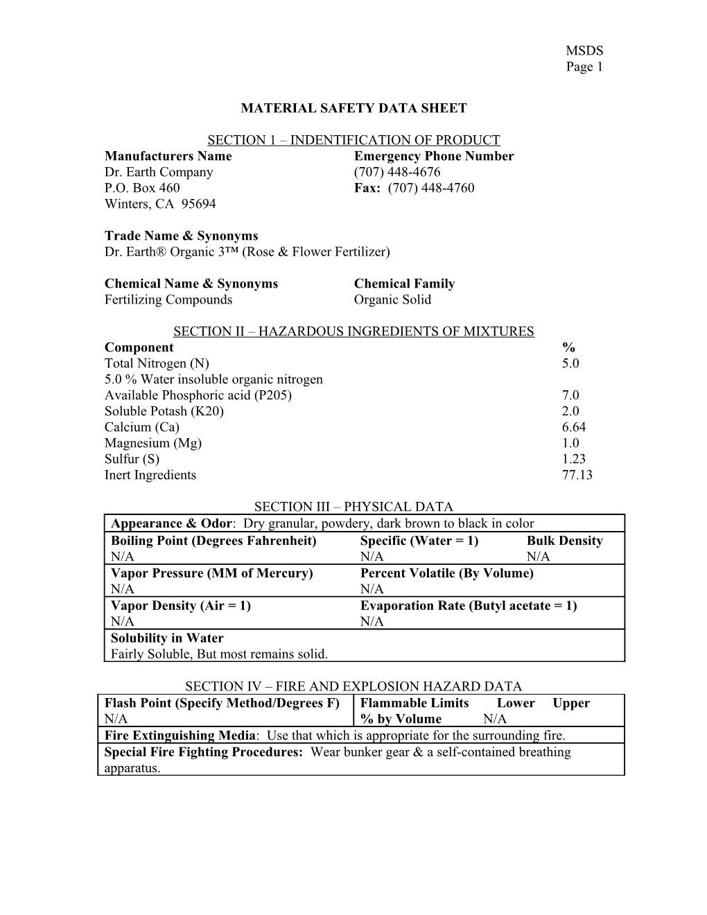 Organic 3 MSDS Info-Sheet