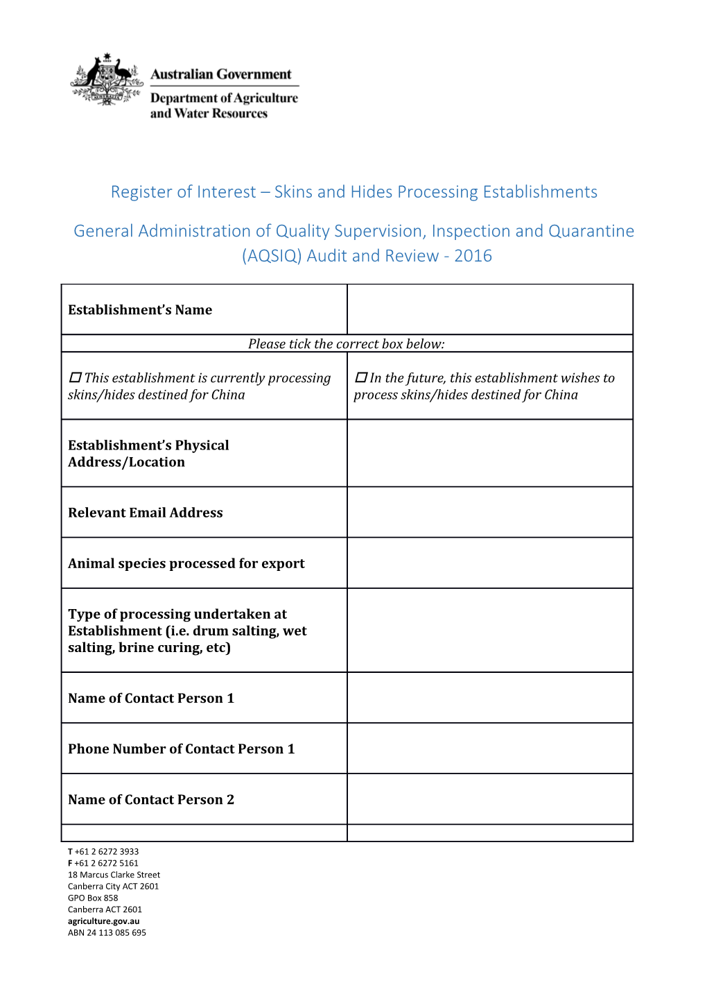 Register of Interest Skins and Hides Processing Establishments