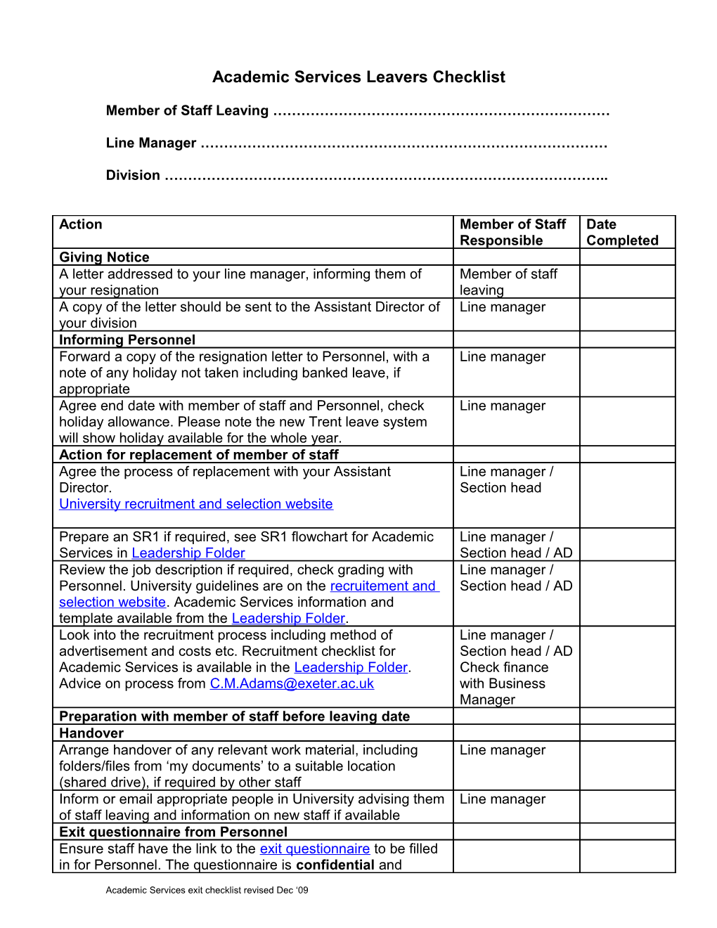 Academic Services Leavers Checklist