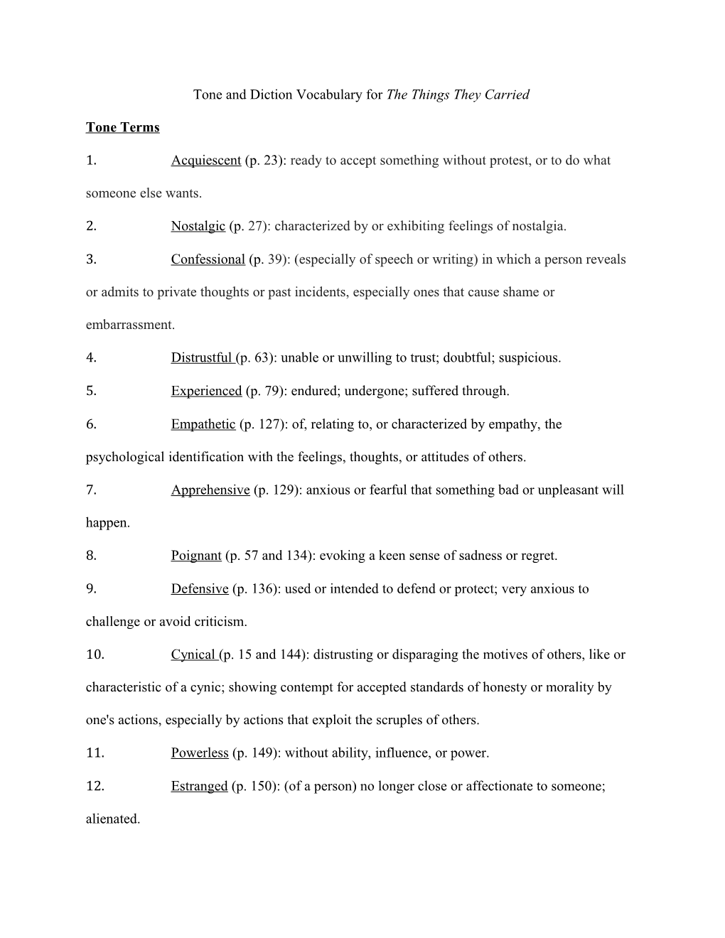 Tone and Diction Vocabulary for the Things They Carried