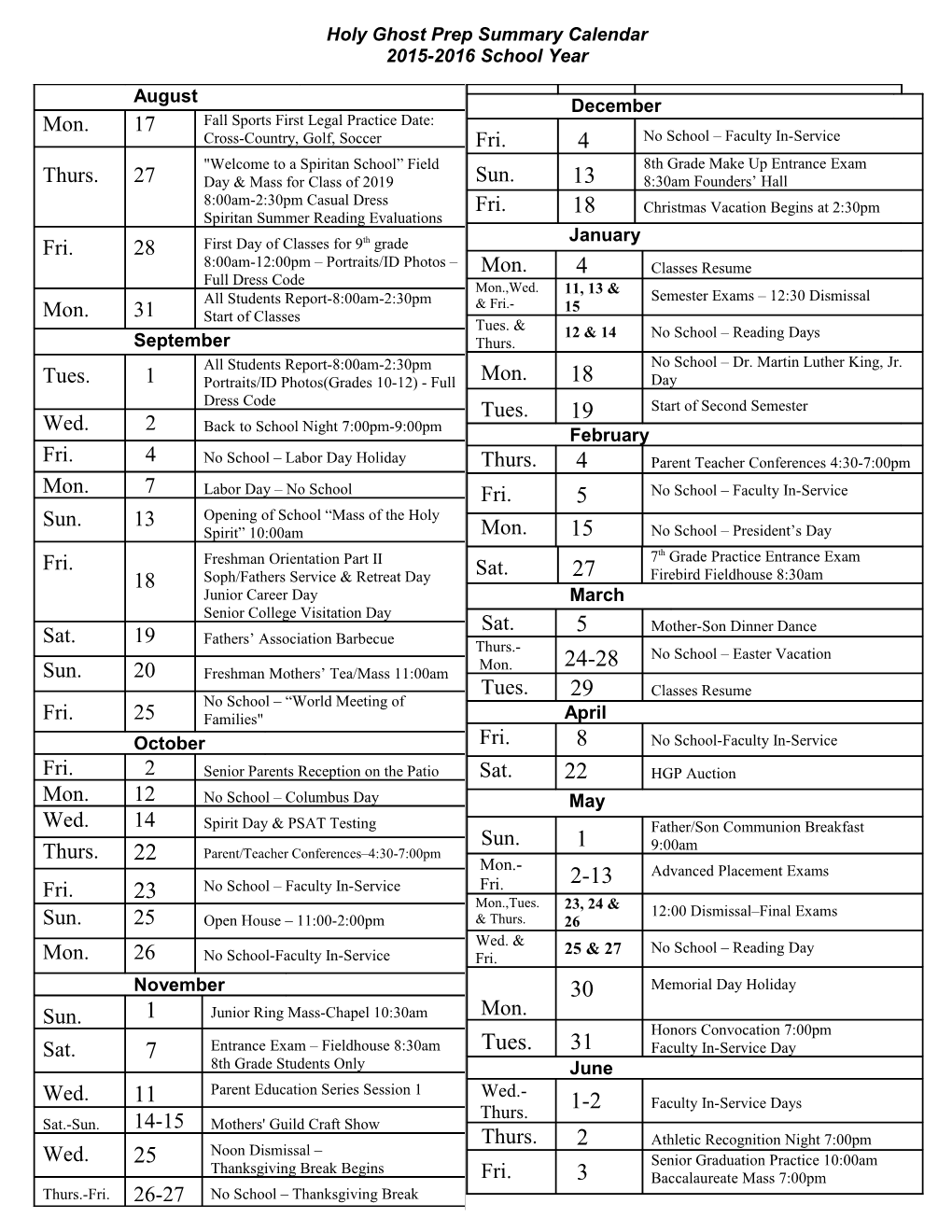 Holy Ghost Prep Summary Calendar