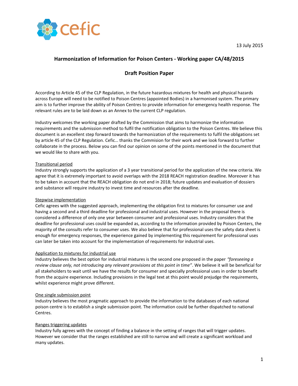 Harmonization of Information for Poison Centers - Working Paper CA/48/2015
