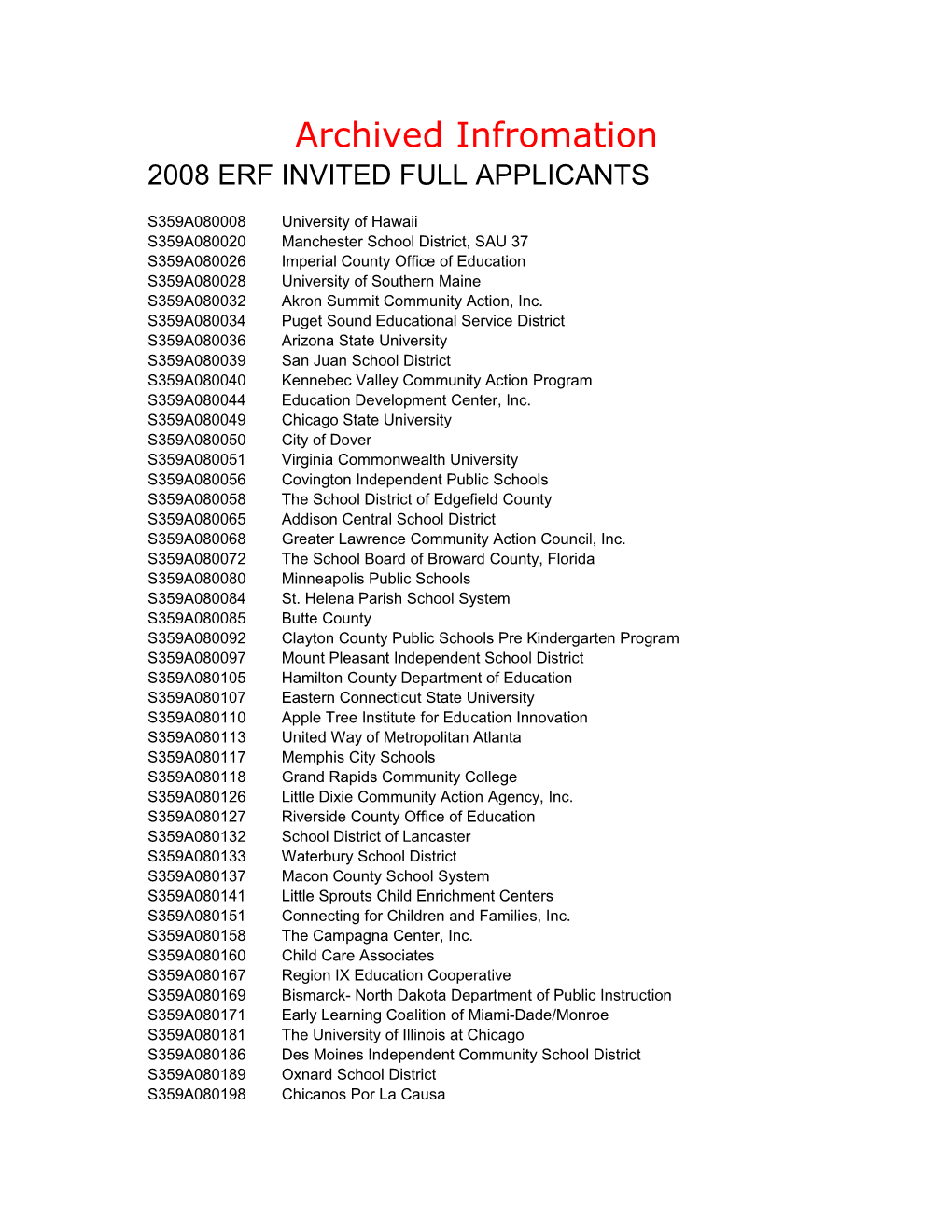 2008 Archived: Early Reading First Invited Full Applicants (MS WORD)