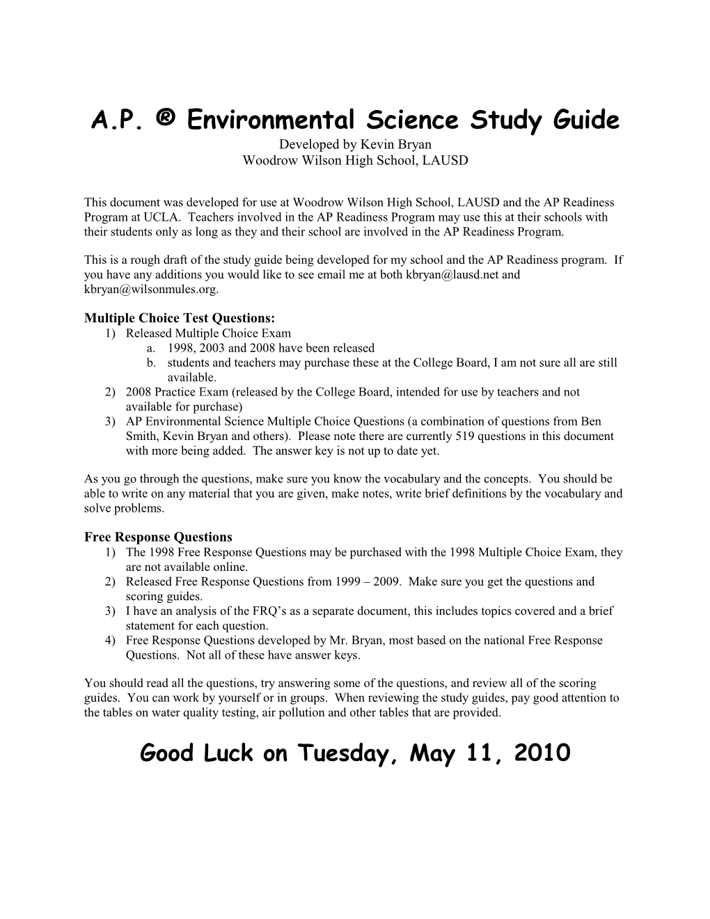 A.P. Environmental Science Study Guide