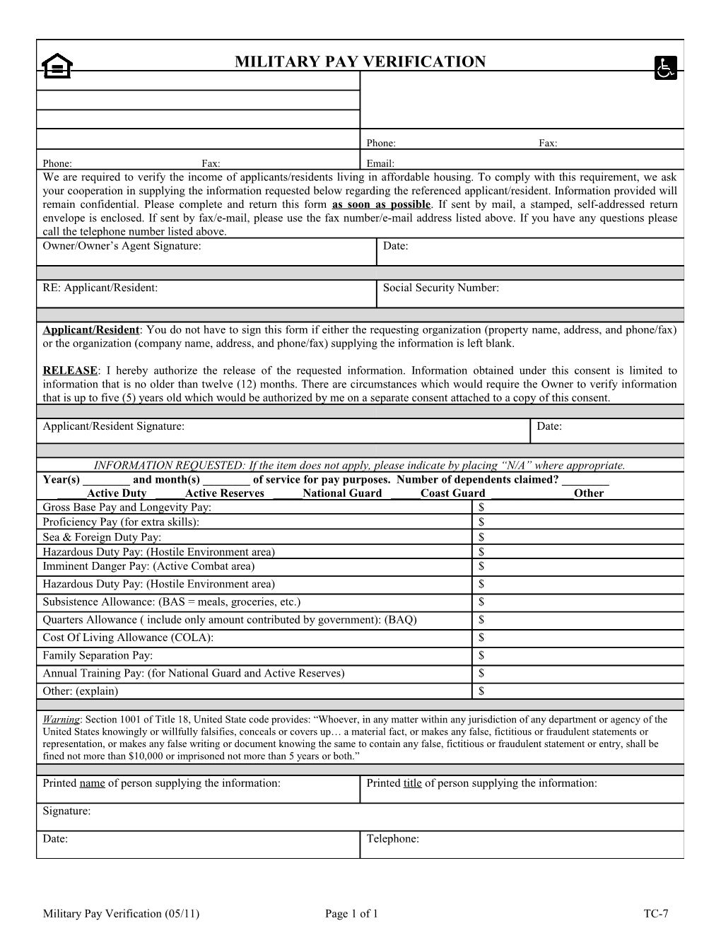 Military Pay Verification (05/11) Page 1 of 1TC-7