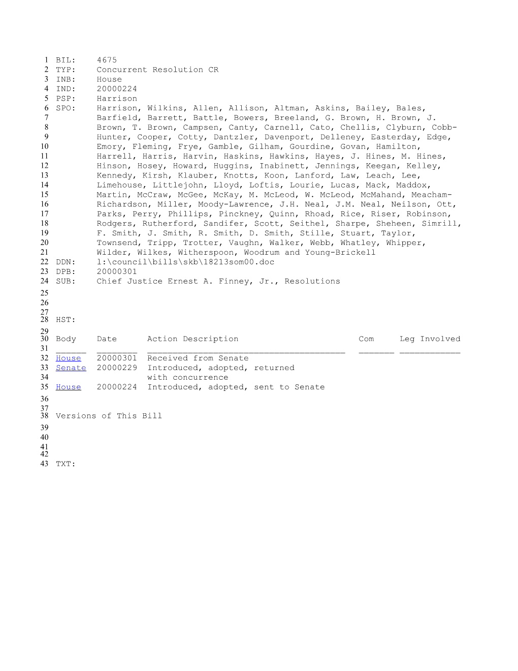 1999-2000 Bill 4675: Chief Justice Ernest A. Finney, Jr., Resolutions - South Carolina