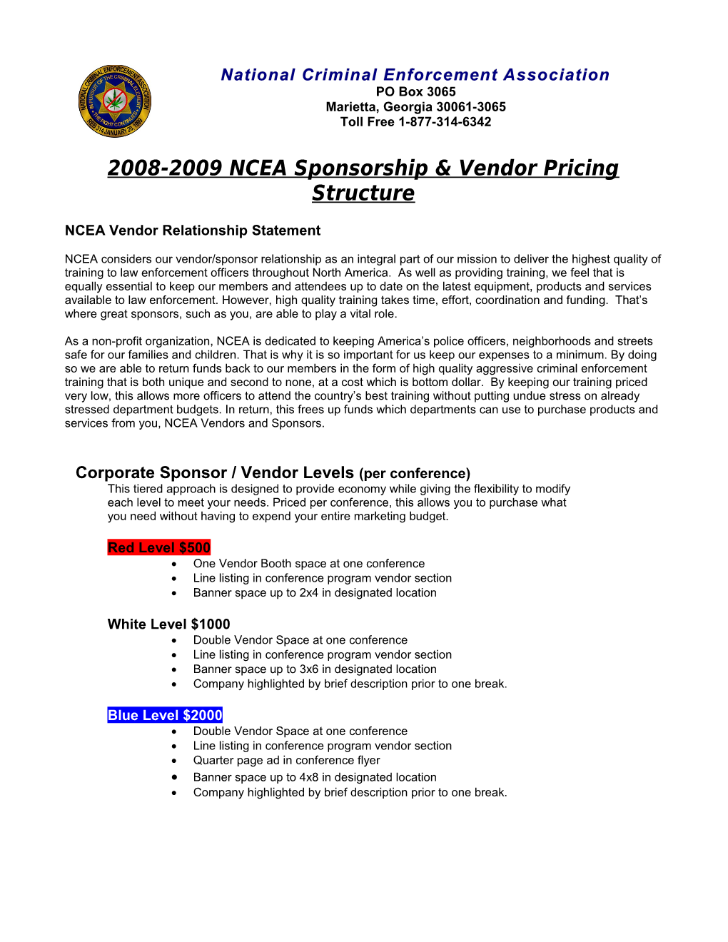 2009 Preliminary Annual NCEA Sponsorship/Vendor Pricing Information