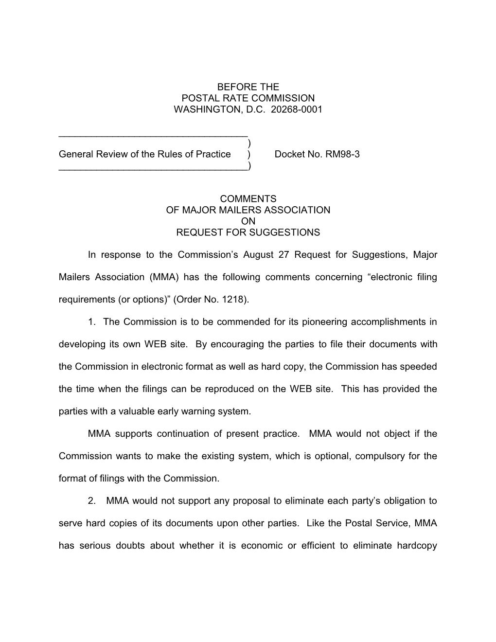 General Review of the Rules of Practice ) Docket No. RM98-3