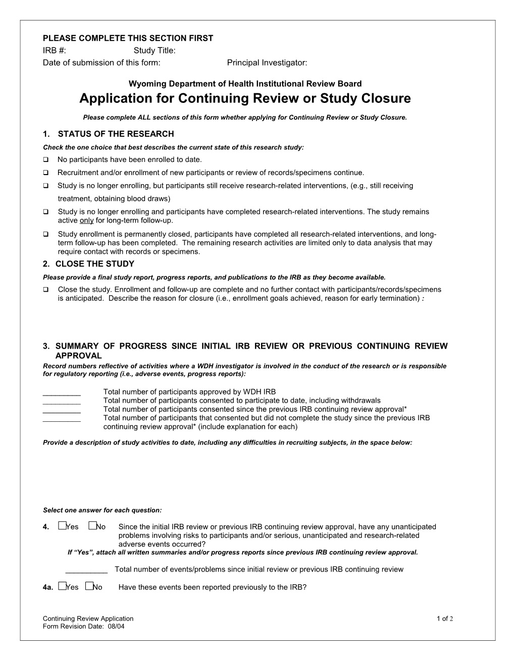 Wyoming Department of Health Institutional Review Board