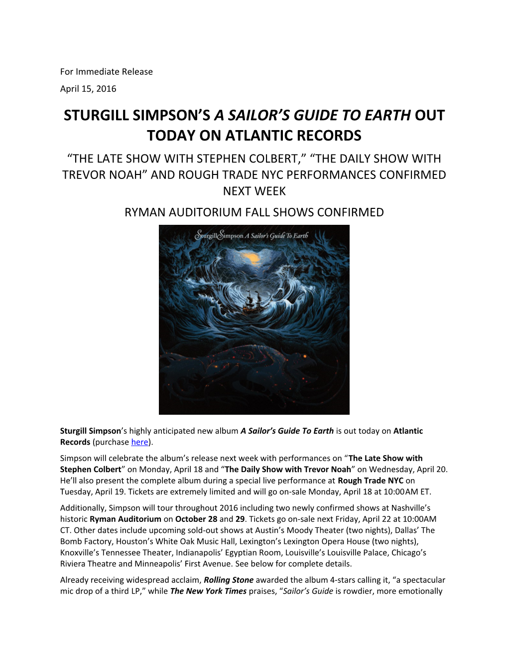 Sturgill Simpson S a Sailor S Guide to Earth out Today on Atlantic Records