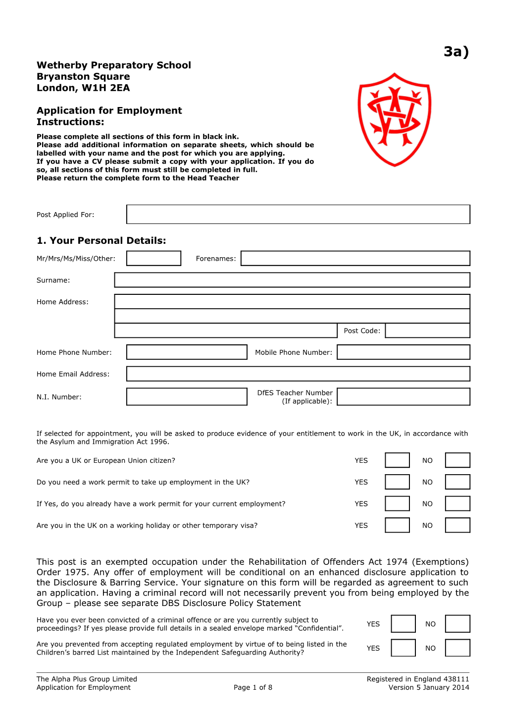 (3A) Employment Application Form Master Schools - V5 JAN 2014