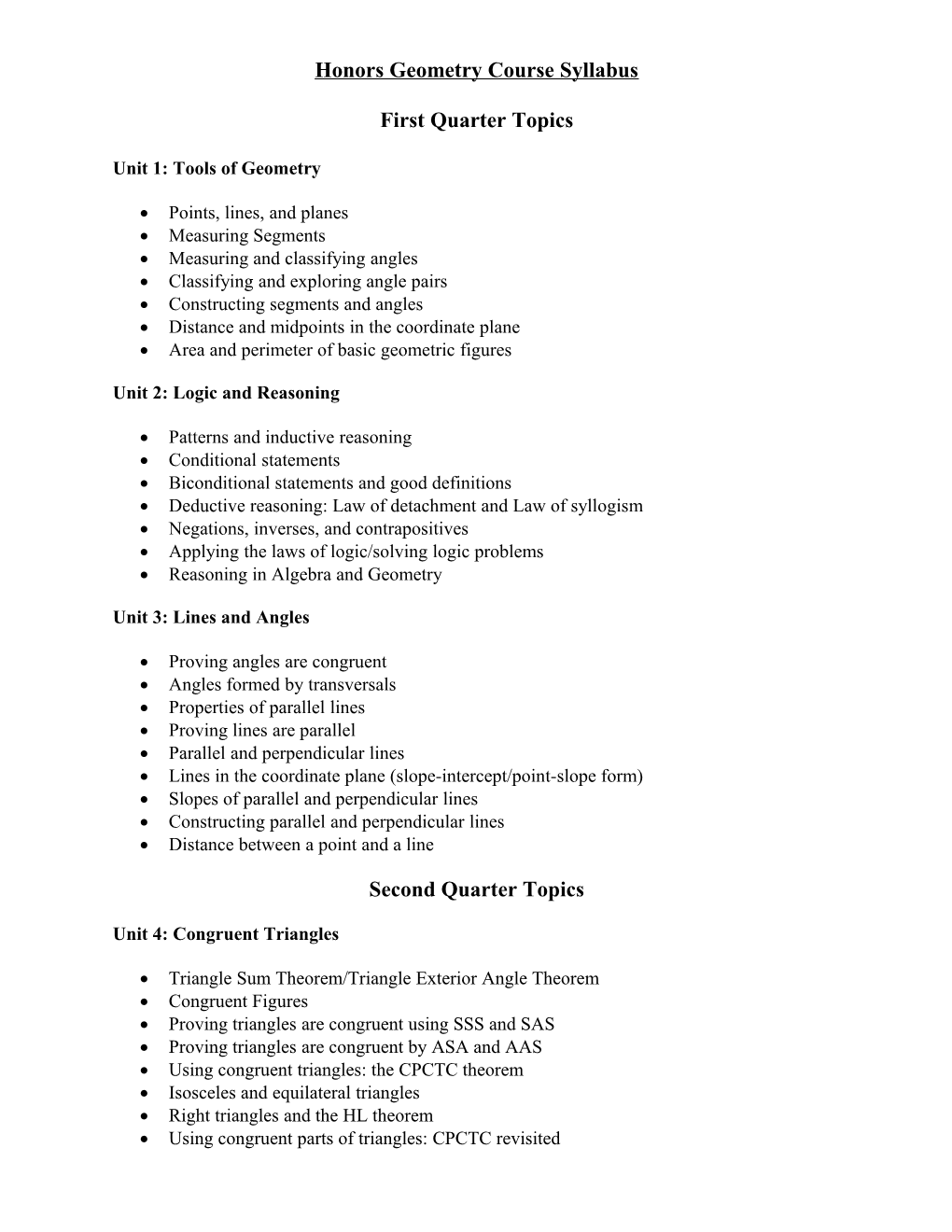 Honors Geometry Course Syllabus