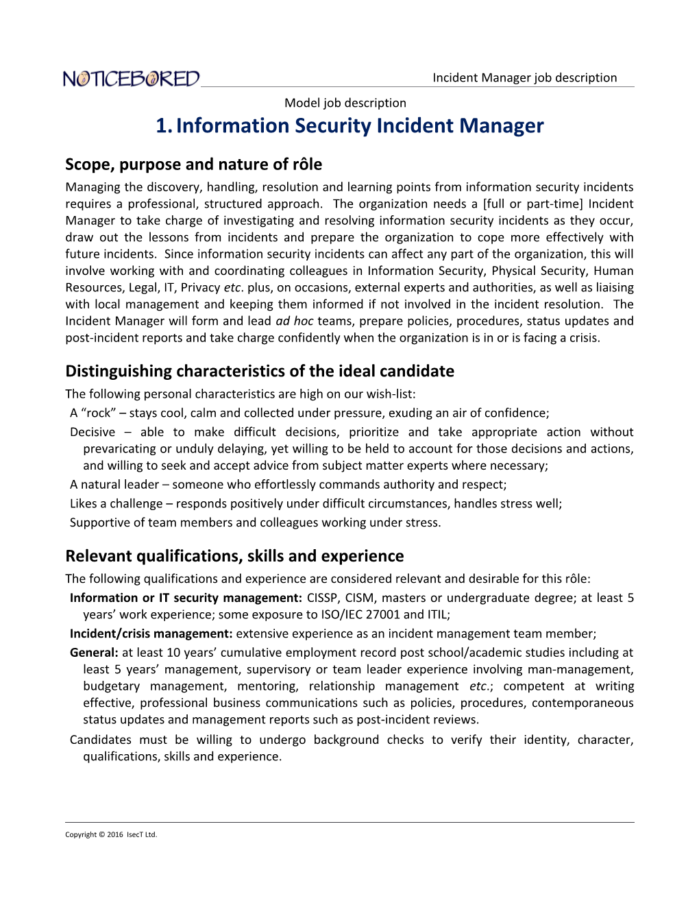 NB Model Job Description for Incident Manager