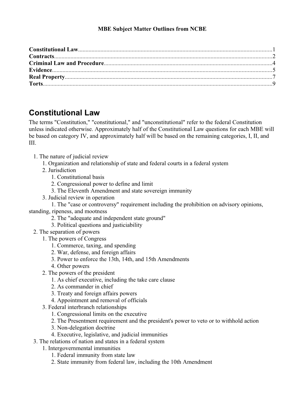 MBE Subject Matter Outlines from NCBE