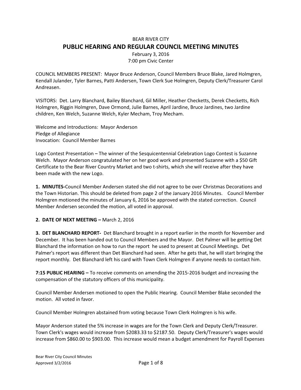Public Hearing and Regular Council Meeting Minutes