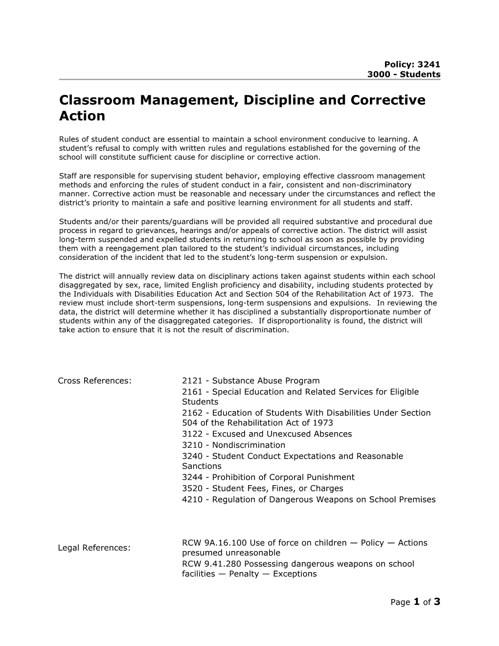 Classroom Management, Discipline and Corrective Action