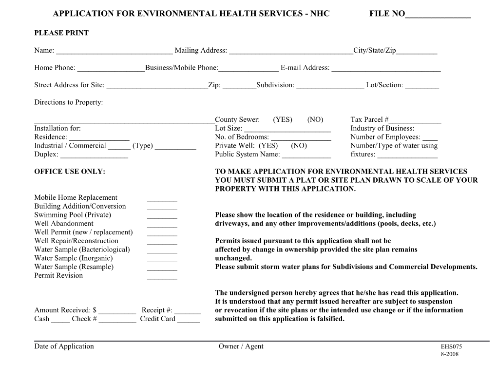 Application for Environmental Health Services - Nhc File No______