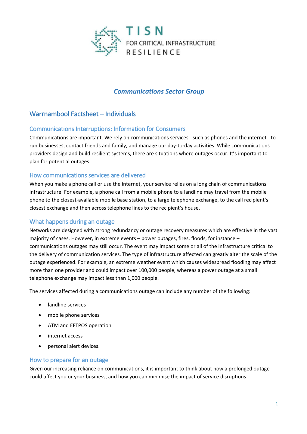 Communications Outages - Continuity Guidance for Consumers