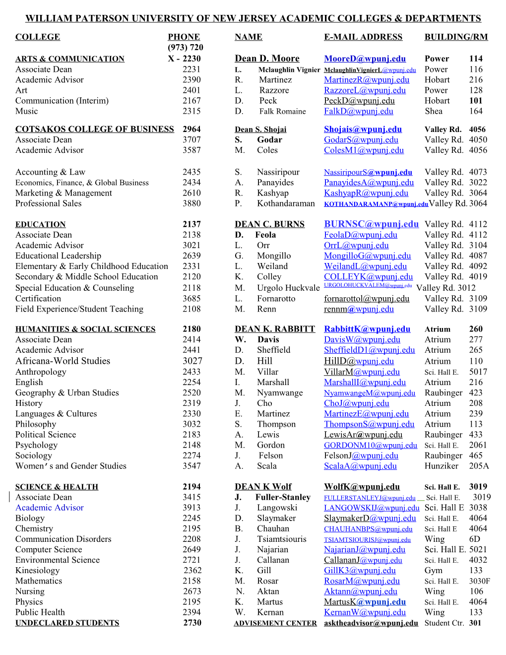 William Paterson University of New Jersey B Academic & Departmental Divisions