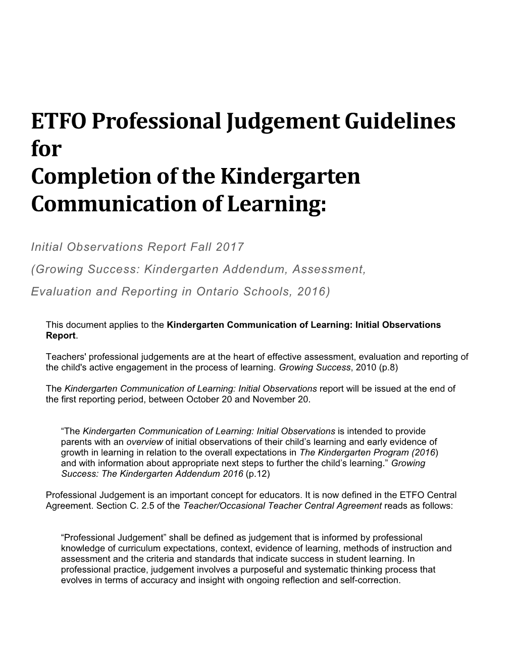 ETFO Professional Judgement Guidelines For