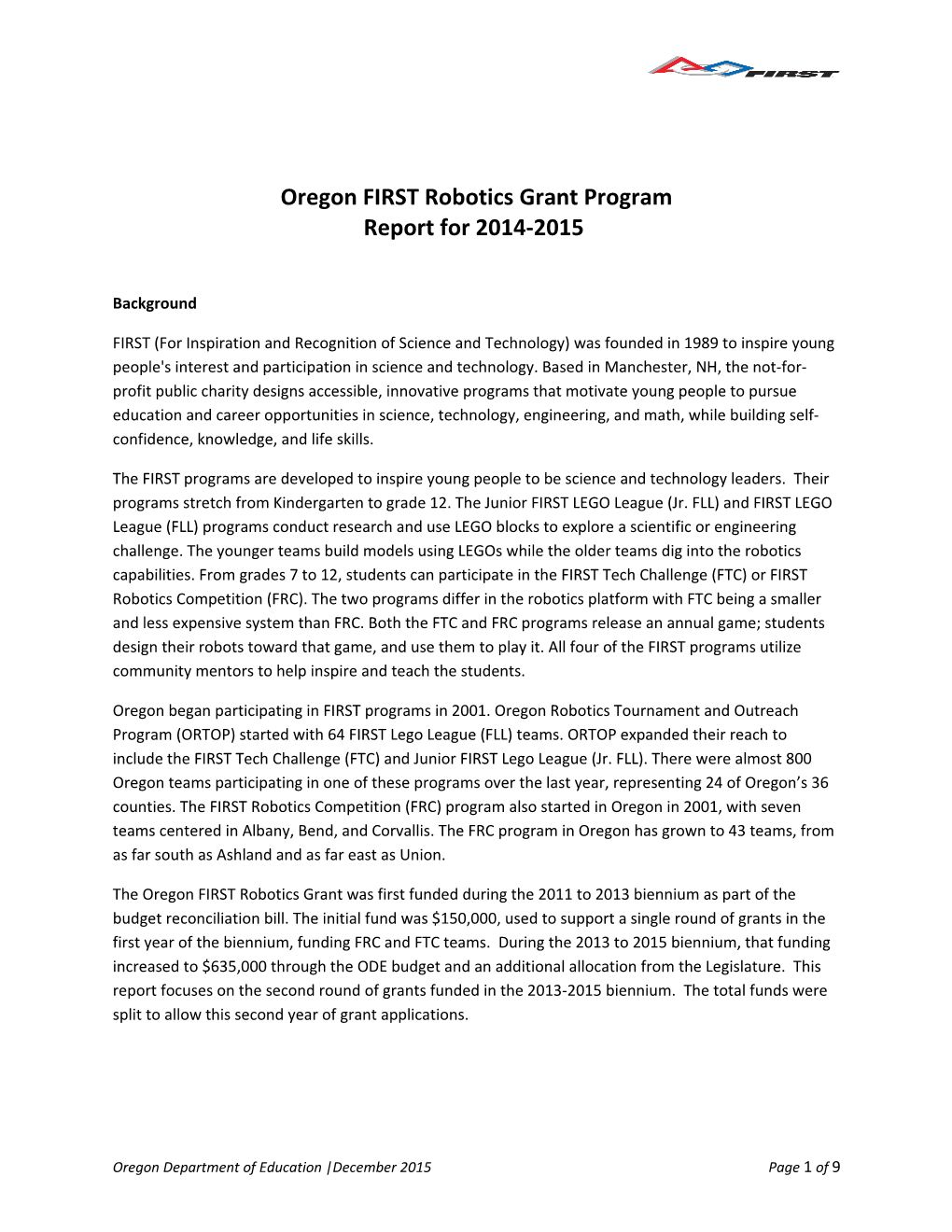 Oregon FIRST Robotics Grant Program