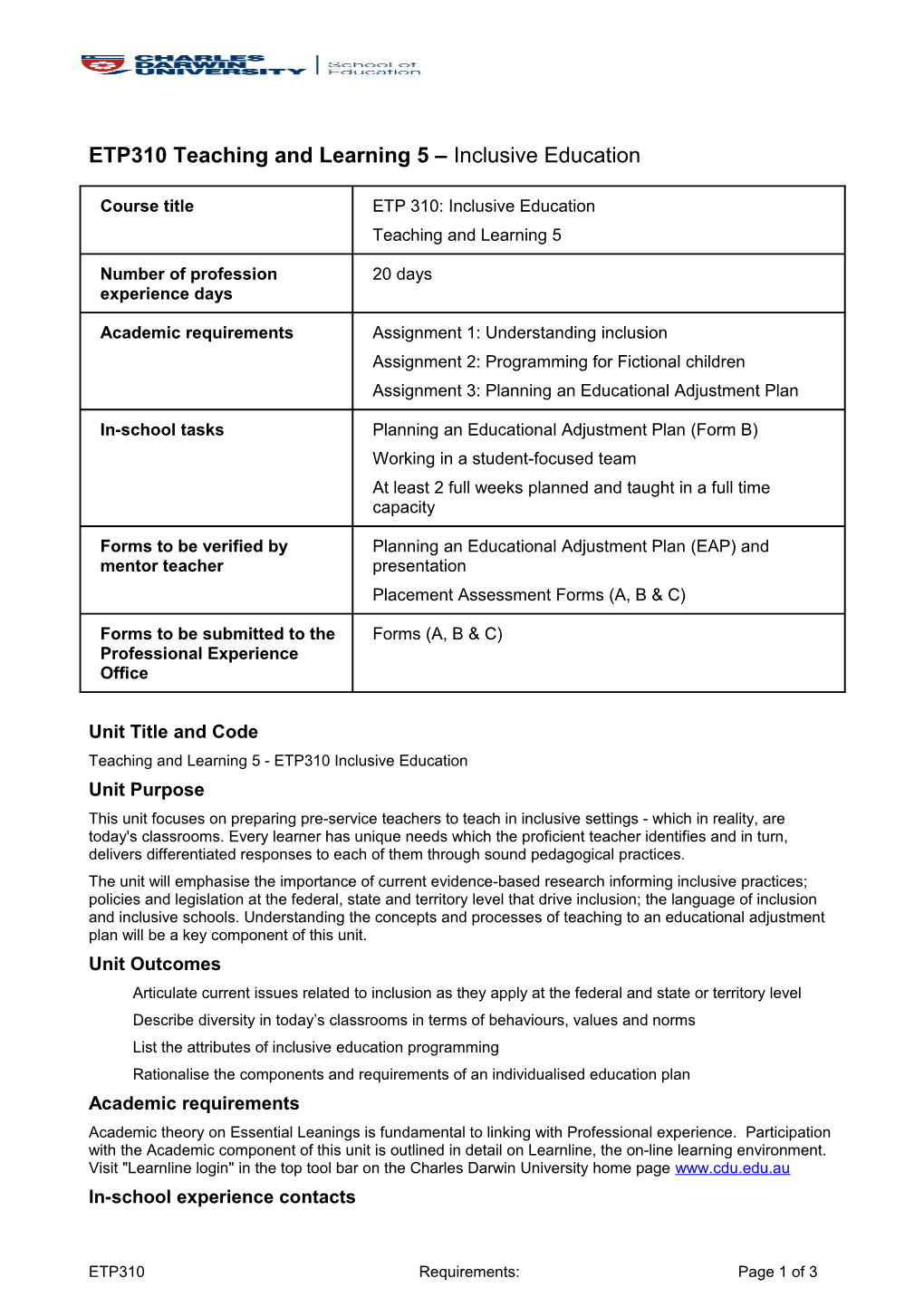 ETP310 Teaching and Learning 5 Inclusive Education