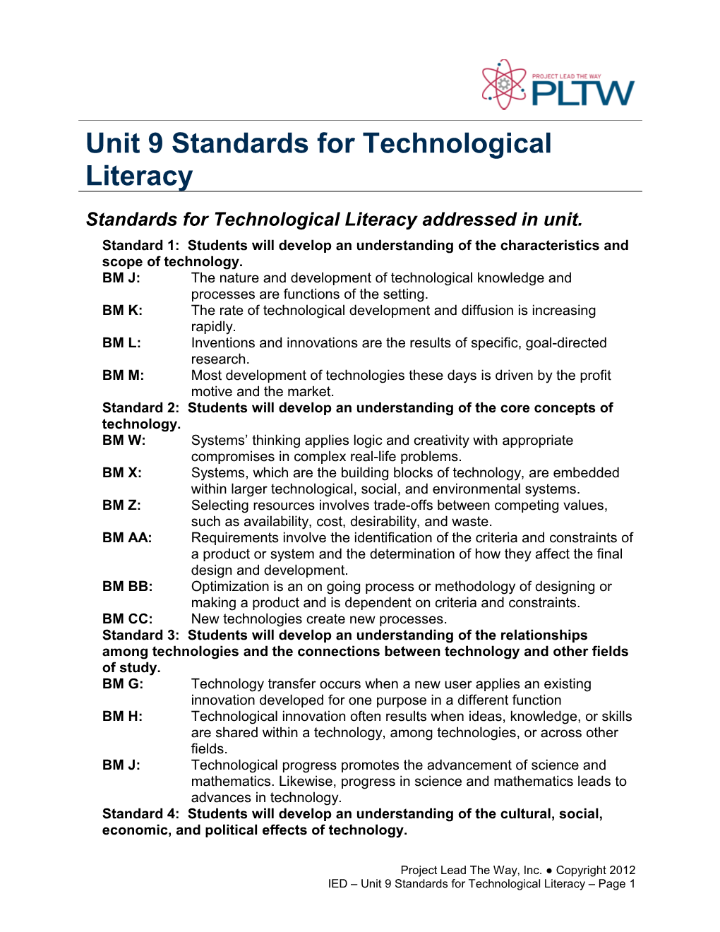 Unit 9 Standards for Technological Literacy