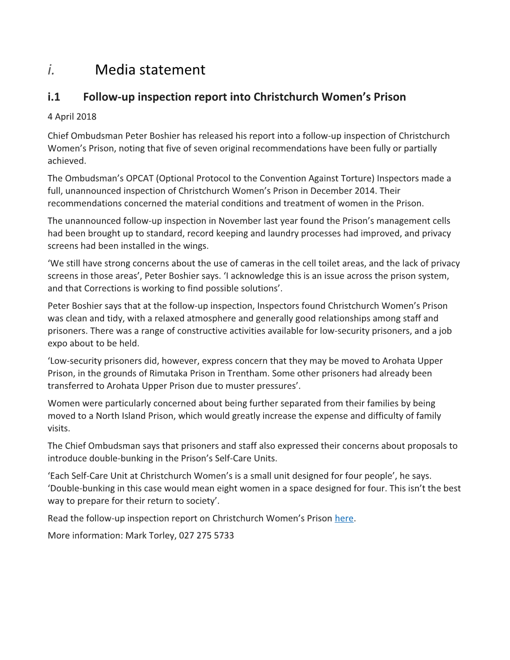 Follow-Up Inspection Report Into Christchurch Women S Prison