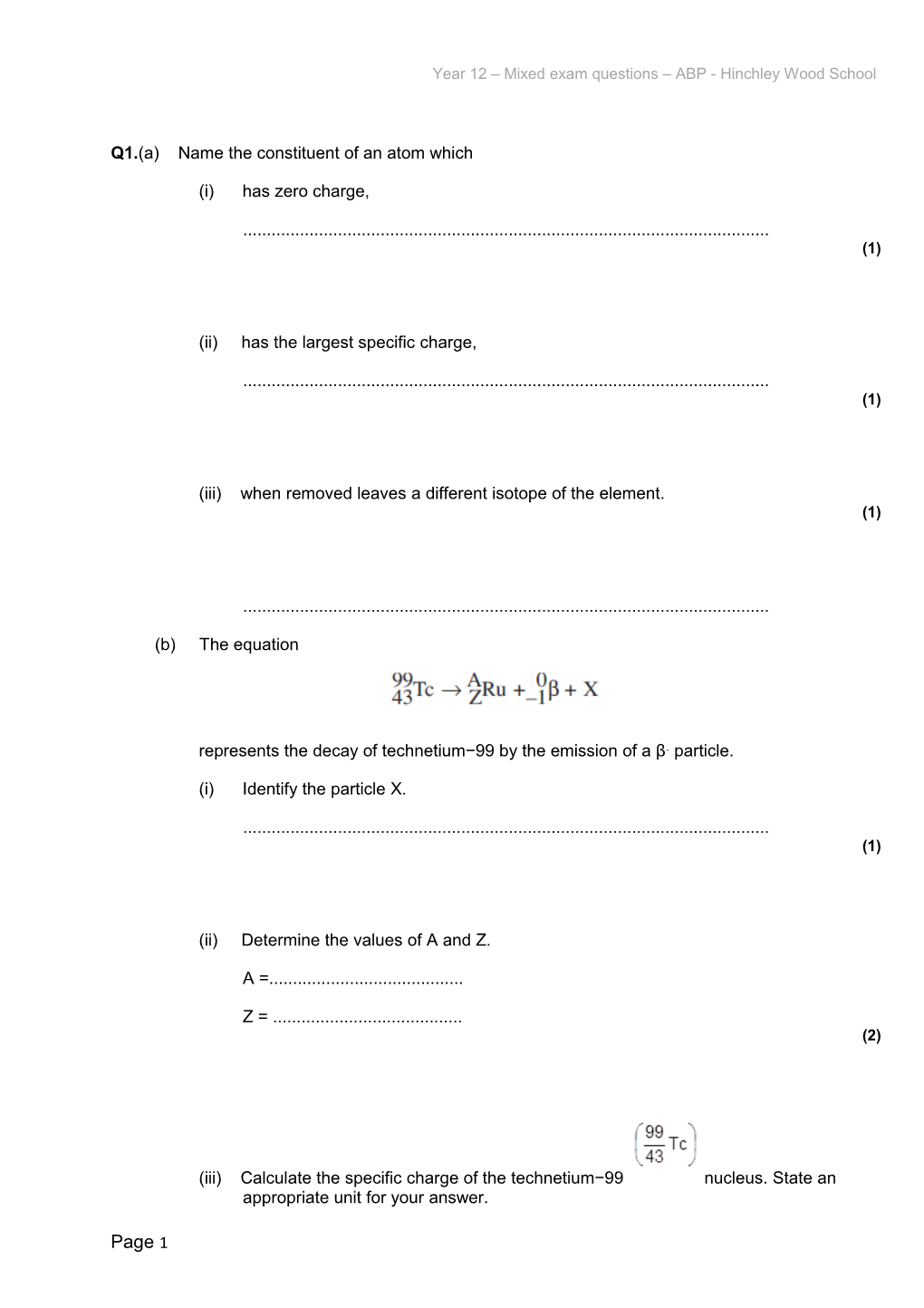 Year 12 Mixed Exam Questions ABP - Hinchley Wood School