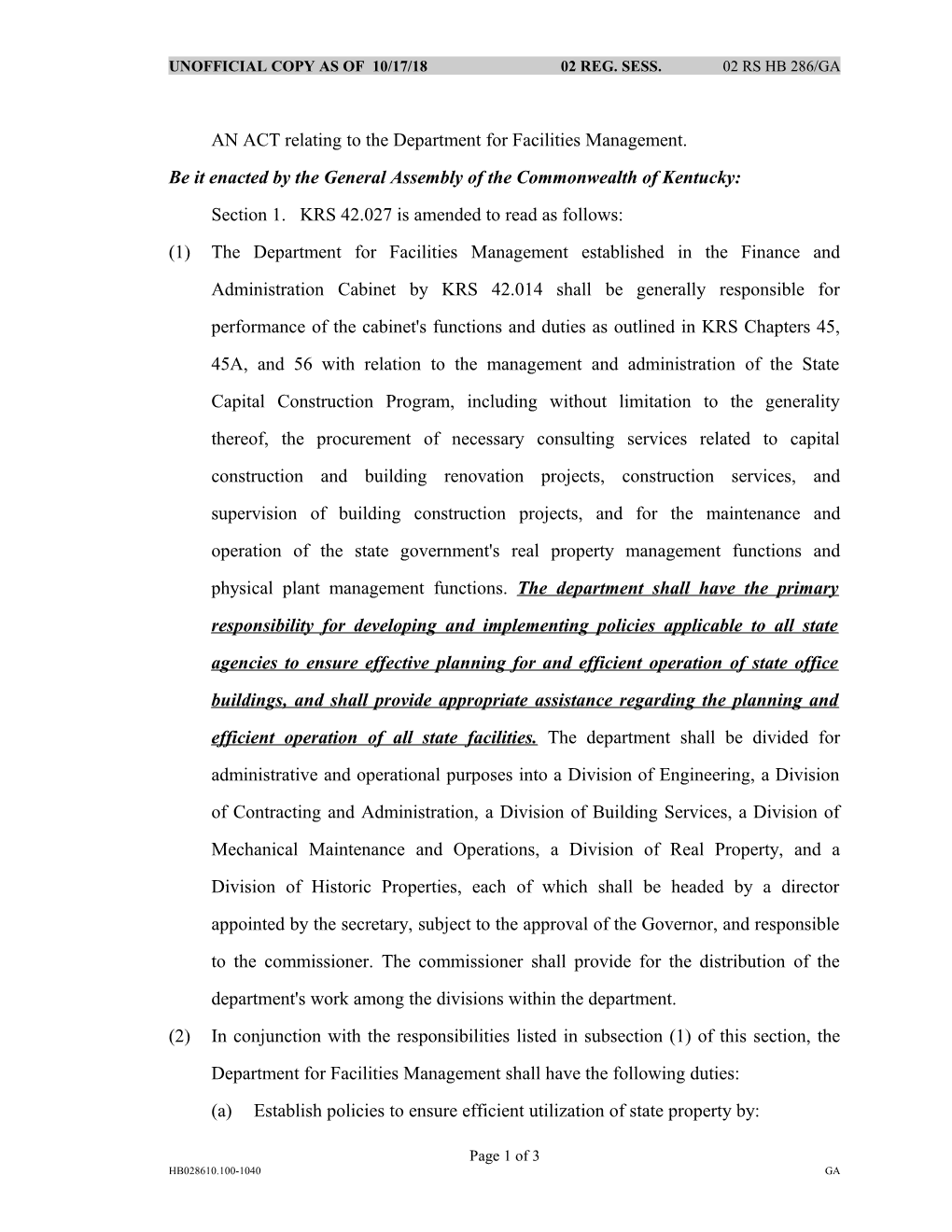 AN ACT Relating to the Department for Facilities Management