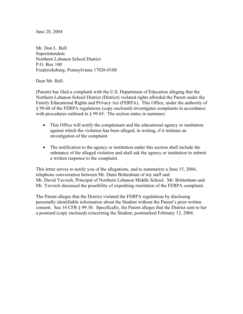 Letter to Northern Lebanon School District Re: Disclosure of Education Records on Postcards