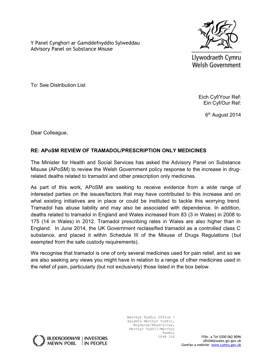 RE: Aposm REVIEW of TRAMADOL/PRESCRIPTION ONLY MEDICINES