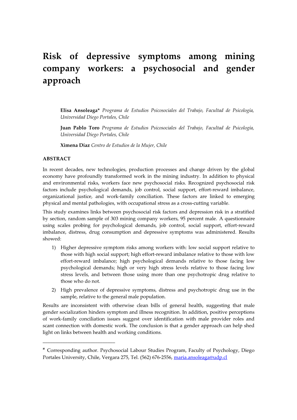 Risk of Depressive Symptoms Among Mining Company Workers: a Psychosocial and Gender Approach