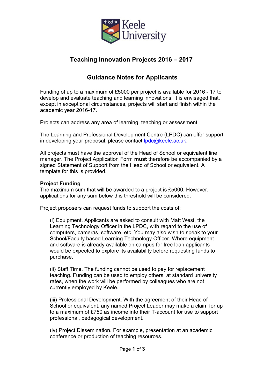 Keele University Call for Teaching Innovation Projects for 2010 - 2011