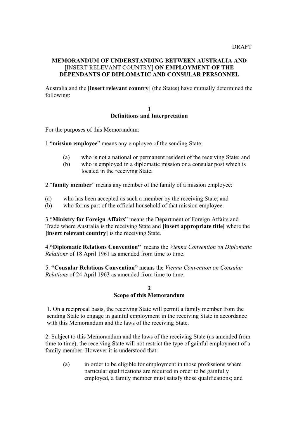 Memorandum of Understanding Between Australia and Insert Relevant Country on Employment