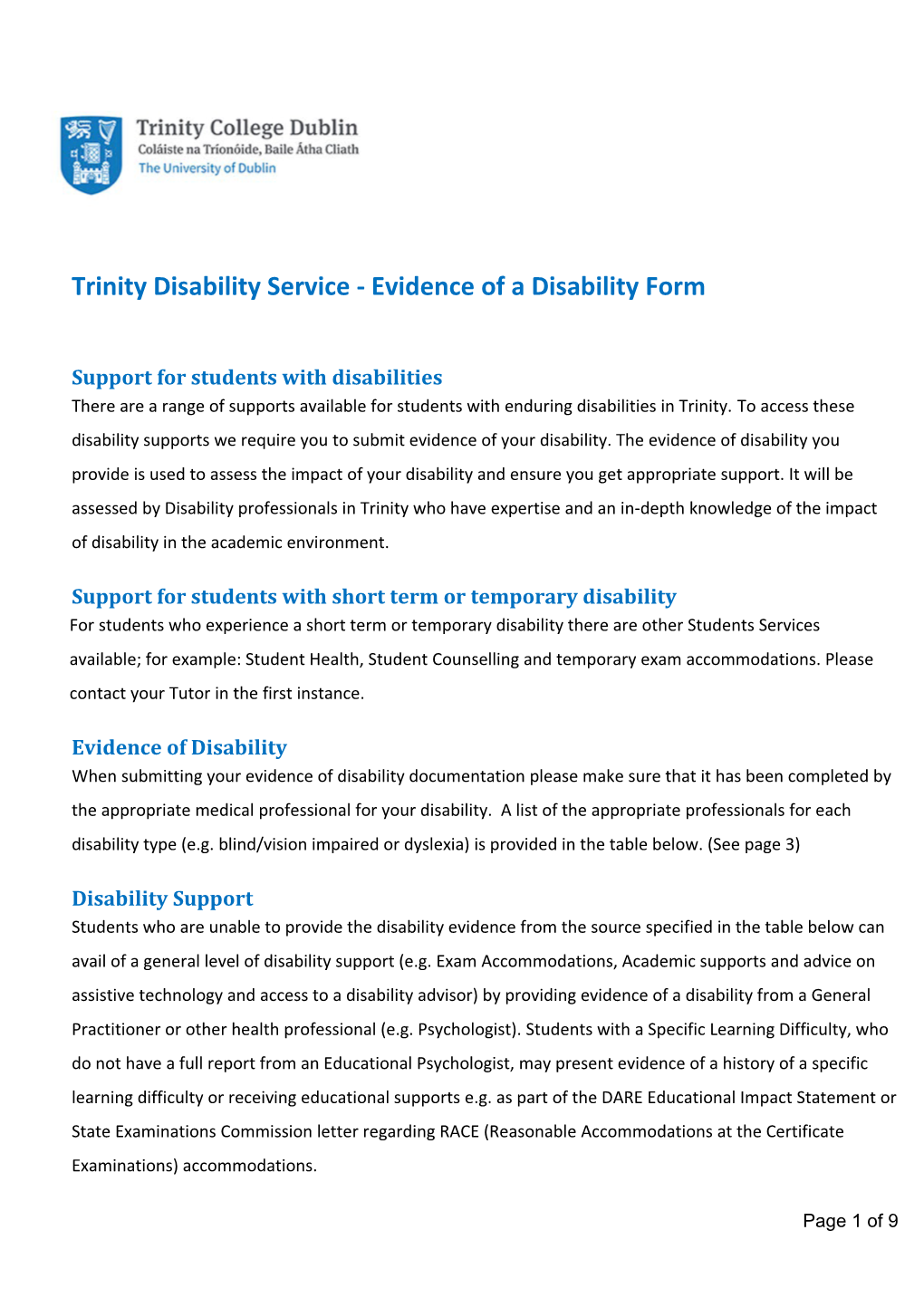 Trinity Disability Service - Evidence of a Disability Form
