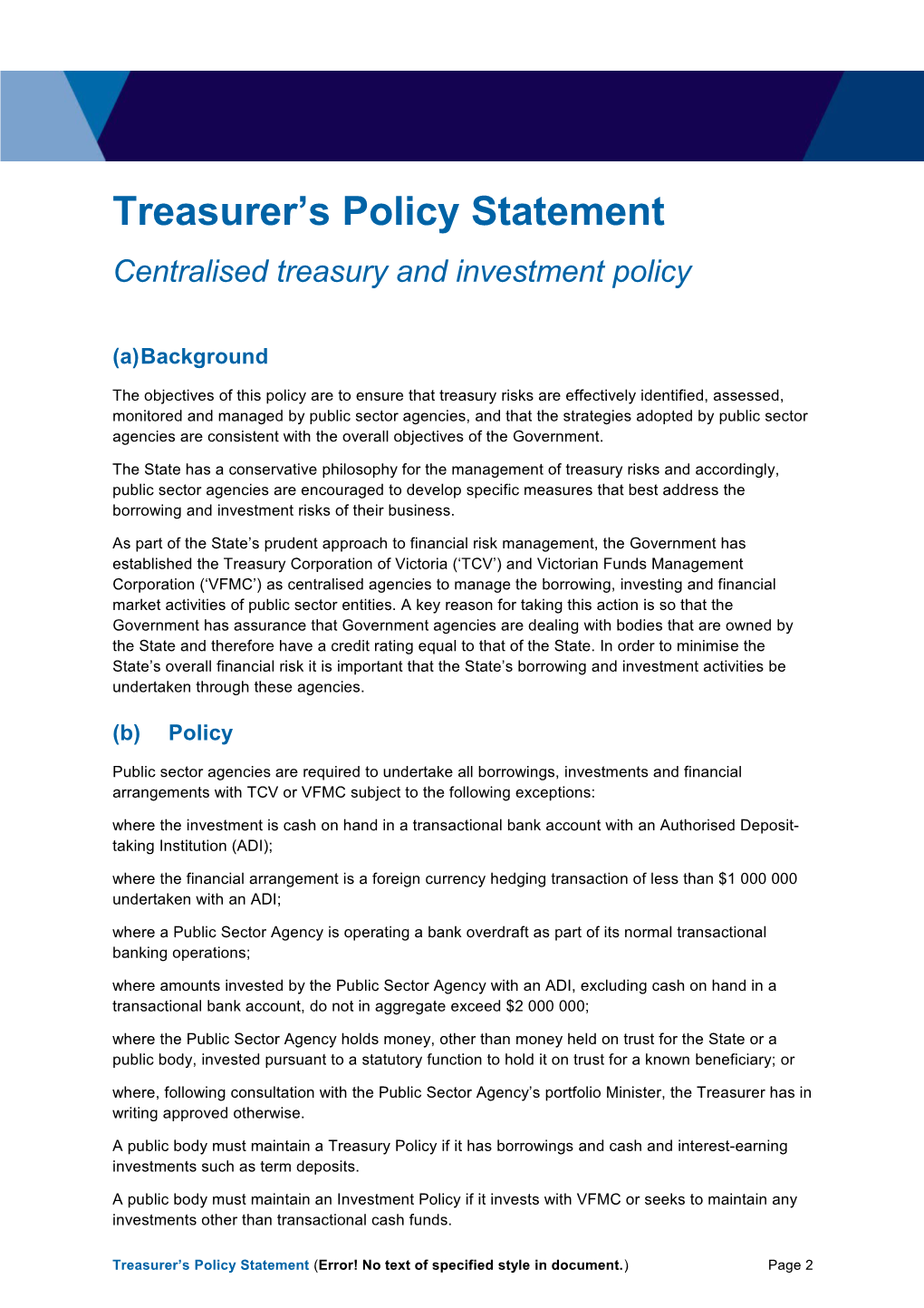 Treasurer S Policy Statement