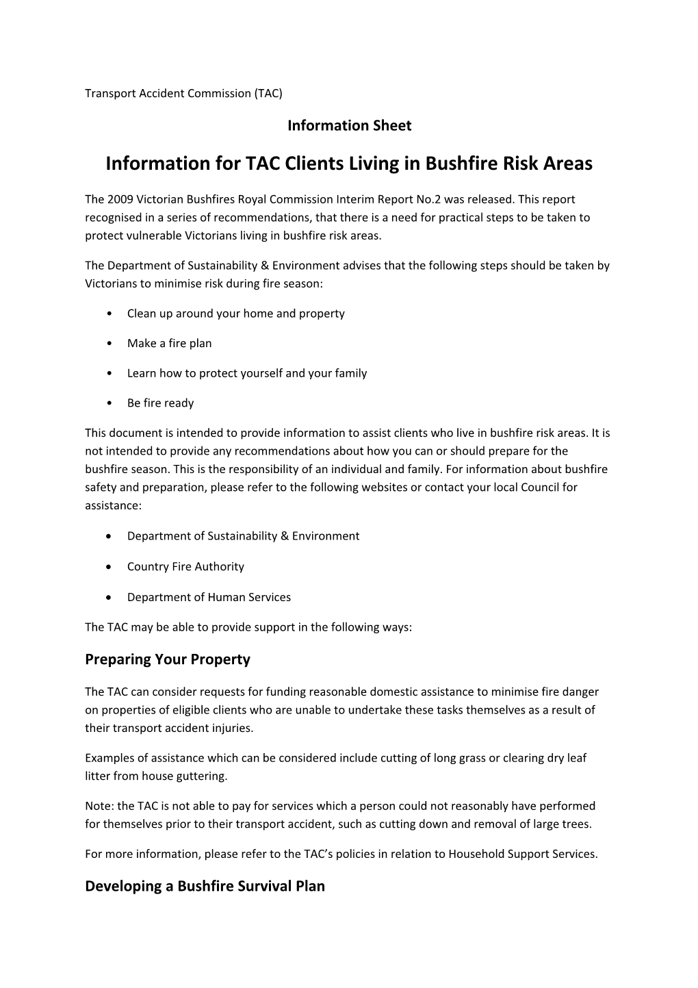 Information for TAC Clients Living in Bushfire Risk Areas