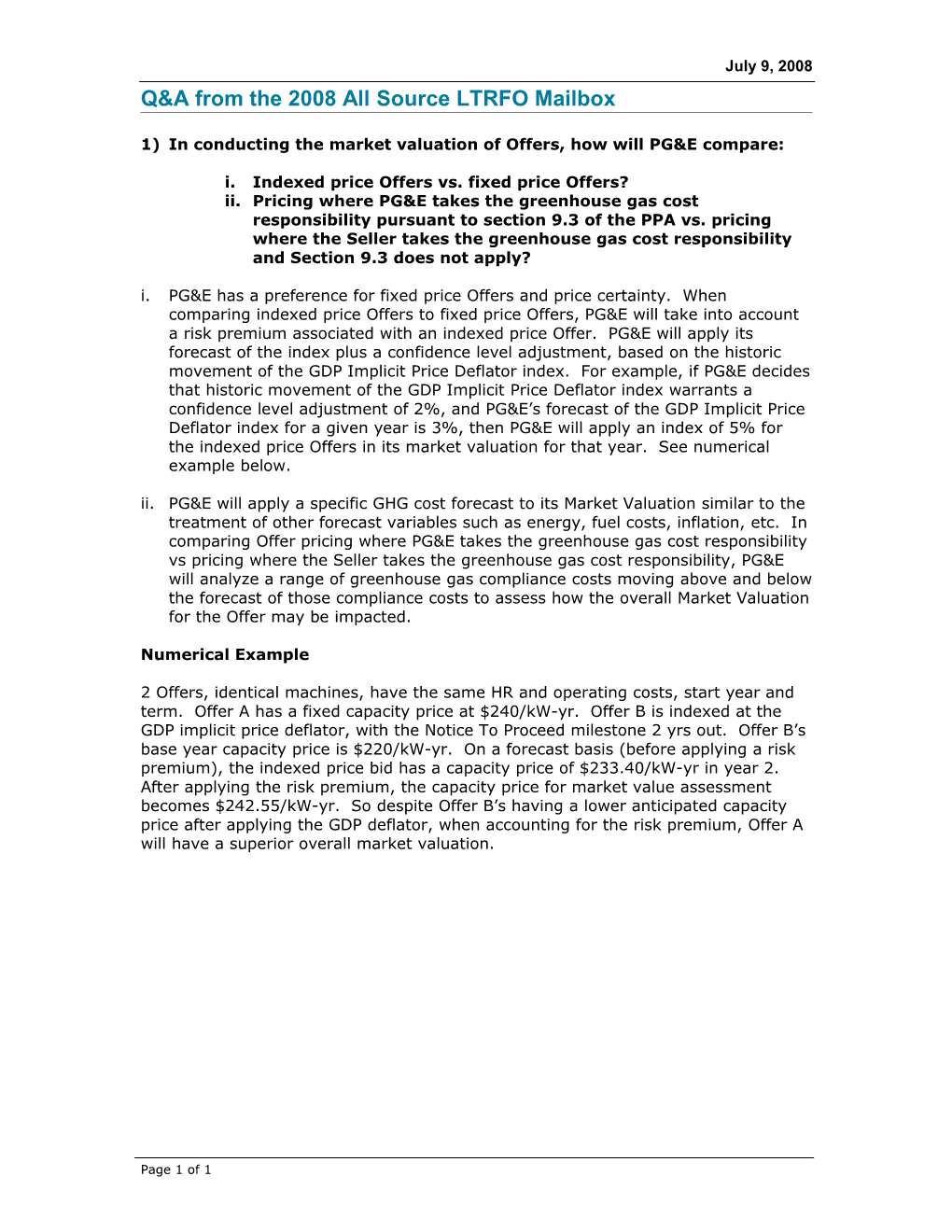 1) in Conducting the Market Valuation of Offers, How Will PG&E Compare