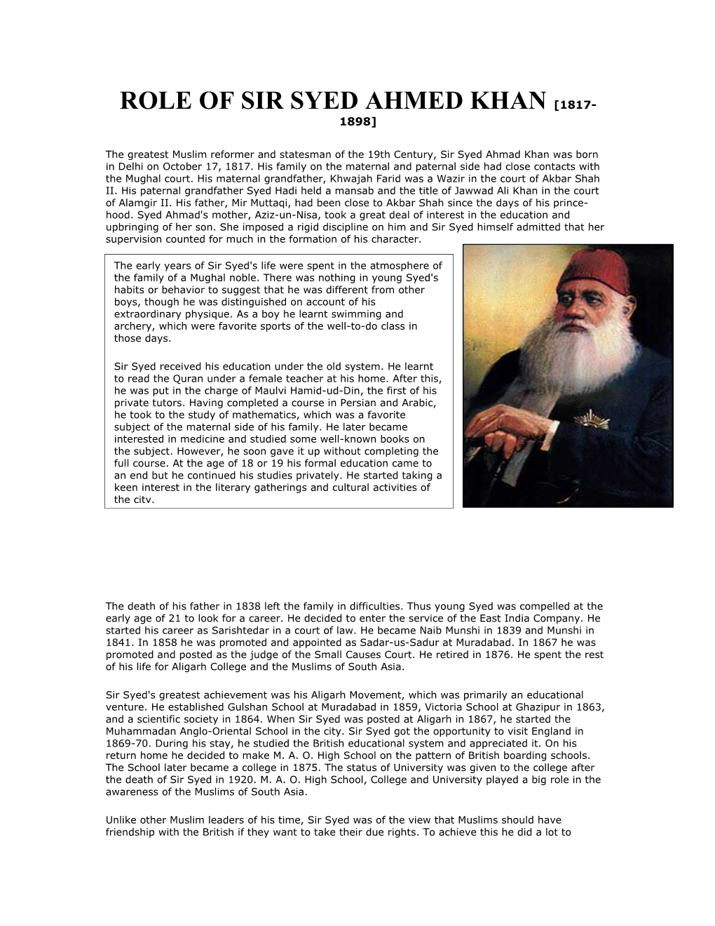 Role of Sir Syed Ahmed Khan